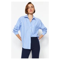 Trendyol Blue Striped Pocketed Oversize/Wide Fit Woven Shirt