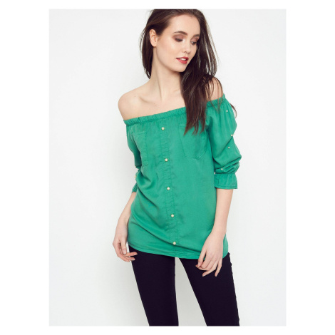 Blouse with pearls revealing shoulders green YUPS