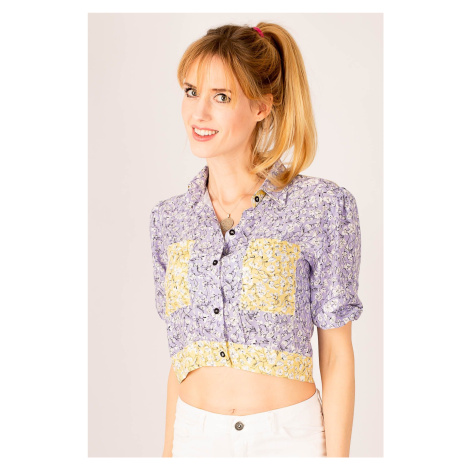 armonika Women's Lilac Crop Shirt with Elastic Sleeves, Pocket, Back Detail
