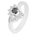 Prsten s lesklými rameny, stříbrný odstín, kulatý černý zirkon, čiré oblouky