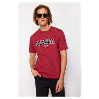 Trendyol Claret Red Relaxed/Comfortable Cut Text Embroidery Appliqued 100% Cotton Short Sleeve T