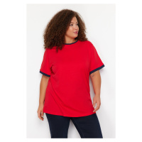 Trendyol Curve Red Color Block Detailed Boyfriend 100% Cotton Knitted T-shirt