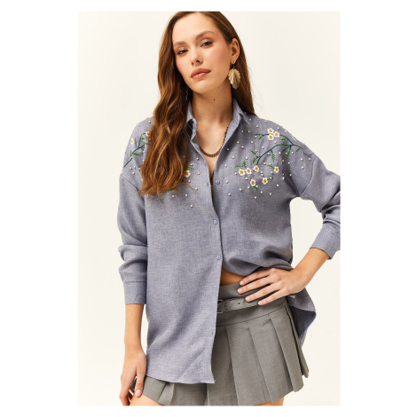 Olalook Women's Indigo Embroidered Pearled Wool Effect Oversize Winter Shirt