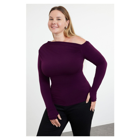 Trendyol Curve Plum Gathered One Shoulder Knitted Plus Size Blouse