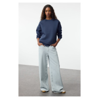 Trendyol Indigo Plain Oversize/Relaxed Cut Basic Crew Neck Thick/Polar Inside Knitted Sweatshirt