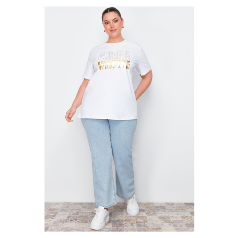 Trendyol Curve White Gold Metal Printed Boyfriend Knitted T-shirt