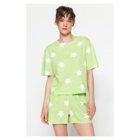 Trendyol Light Green 100% Cotton Star Patterned T-shirt-Shorts Knitted Pajamas Set