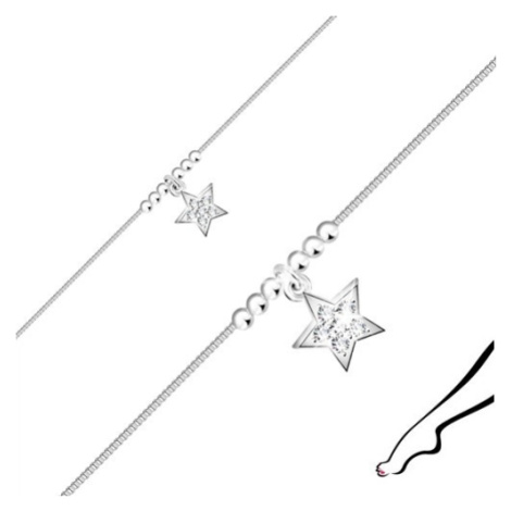 Stříbrný náramek 925 na nohu - hvězdička se zirkony, lesklé kuličky, hranatý řetízek Šperky eshop