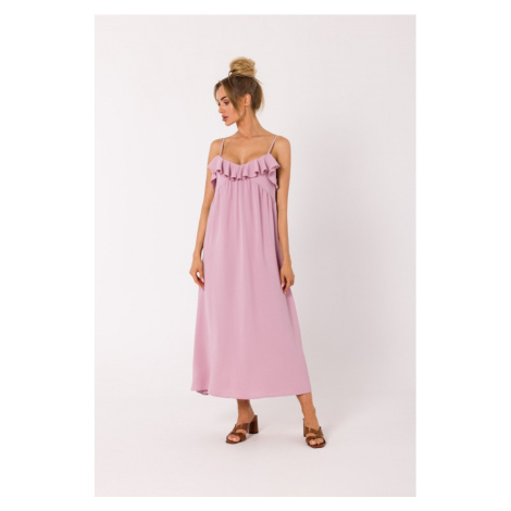 M743 Letní šaty na špagetová ramínka - krepové růžové Moe
