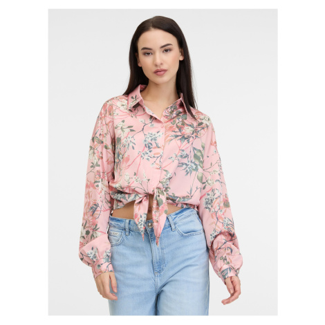 Růžová dámská květovaná saténová košile Guess Bowed - Dámské