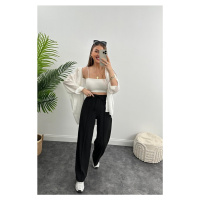 Laluvia Black High Waist Stitched Front Trousers with Elastic Waist
