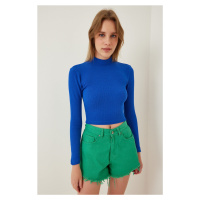 Happiness İstanbul Women's Vivid Blue Ribbed Turtleneck Crop Knitted Blouse