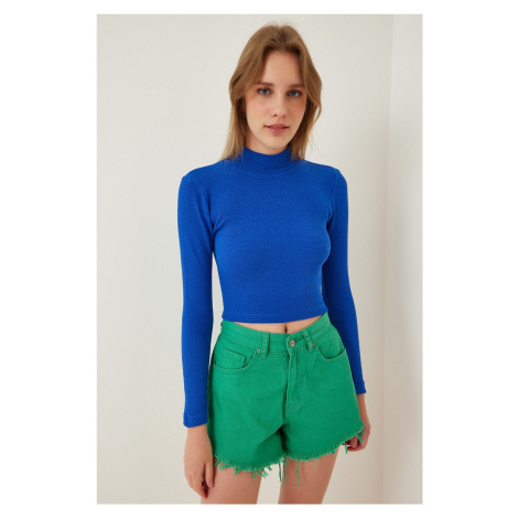 Happiness İstanbul Women's Vivid Blue Ribbed Turtleneck Crop Knitted Blouse