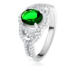 Prsten - oválný zelený zirkon, lem, zaoblené linie, čiré kamínky, stříbro 925