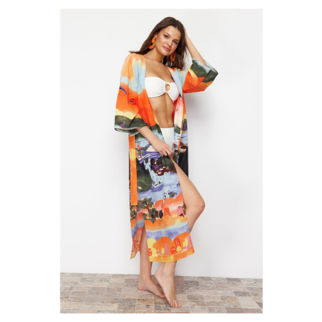 Trendyol Landscape Patterned Belted Maxi Woven Kimono & Kaftan