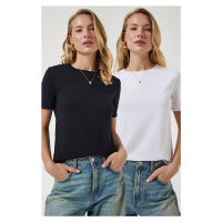 Happiness İstanbul Women's Black and White Crew Neck 2 Pack Basic Knitted T-Shirt