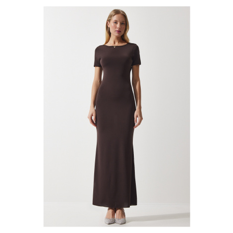 Happiness İstanbul Women's Brown Decollete Long Sandy Knitted Dress
