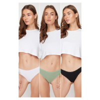 Trendyol Black-White-Mint 3-Pack Cotton Lace Detail Classic Knitted Briefs