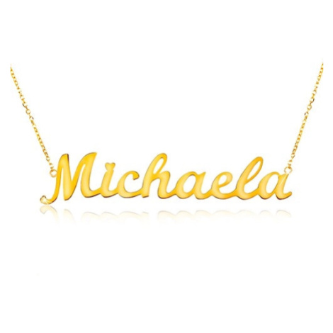 Náhrdelník ze žlutého 14K zlata - tenký řetízek, lesklý přívěsek - jméno Michaela Šperky eshop