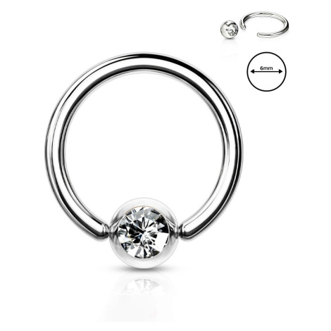 Ocelový 316L piercing do obočí - kroužek s čirým krystalkem v kulaté objímce, 1,2 mm, průměr 6 m Šperky eshop