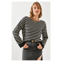 Bianco Lucci Women's Striped Shoulder Buttoned Sweater