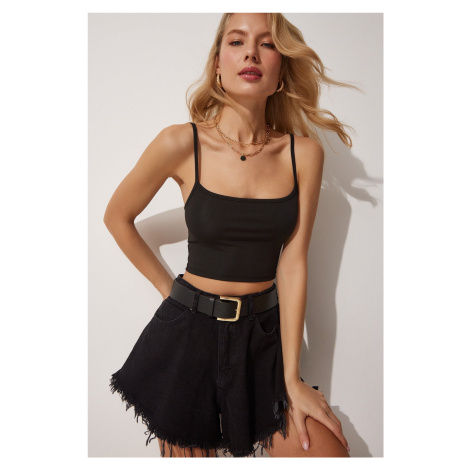 Happiness İstanbul Women's Black Strap Knitted Crop Bustier Blouse