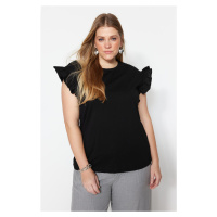 Trendyol Curve Black Crew Neck Sleeves Frilly Knitted T-Shirt