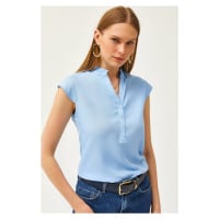 Olalook Women's Baby Blue V-Neck 4-Button Viscose Blouse