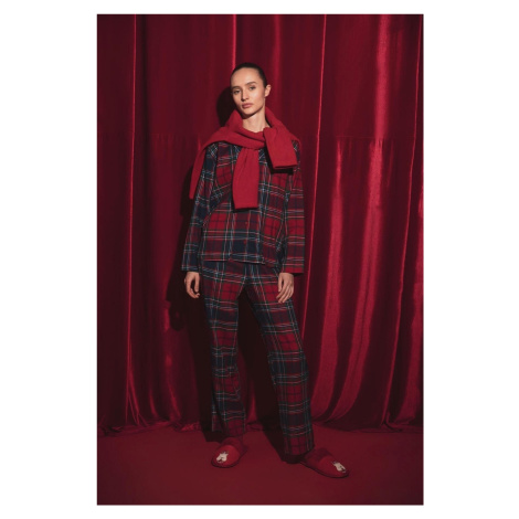 DEFACTO Fall In Love Regular Fit Plaid Flannel Patterned Shirt Collar Pajamas Set