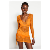 Trendyol oranžové vypasované mini tkané nabírané síťované plážové šaty