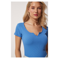 Happiness İstanbul Women's Blue Heart Neck Ribbed Crop Knitted Blouse