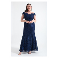 Lafaba Women's Navy Blue Laced Sleeves Beaded Plus Size Evening Dress