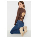 Trendyol Brown Knitted Blouse with Back Detail, Fitted Crew Neck Flexible Crop