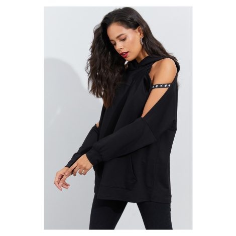 Cool & Sexy Women's Black Open Sleeve Hooded Sweatshirt Yi2356