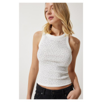 Happiness İstanbul Women's White Stone Embroidered Crop Knitwear Blouse