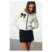 Trendyol Ecru Ribbon/Bow Detailed Beaded Knitted Cardigan