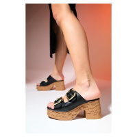 LuviShoes SLAPY Black Skin Women's Gold Buckle Platform Heeled Slippers