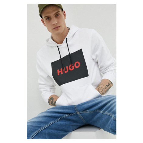 Bavlněná mikina HUGO pánská, bílá barva, s kapucí, s potiskem Hugo Boss