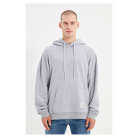 Trendyol Basic Gray Oversize/Wide-Fit Hooded Labeled Fleece Inner Cotton Sweatshirt