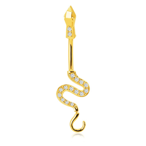 Piercing ze 14K zlata do bříška - lesklý vlnící se had, ocas ozdobený blýskavými zirkony Šperky eshop