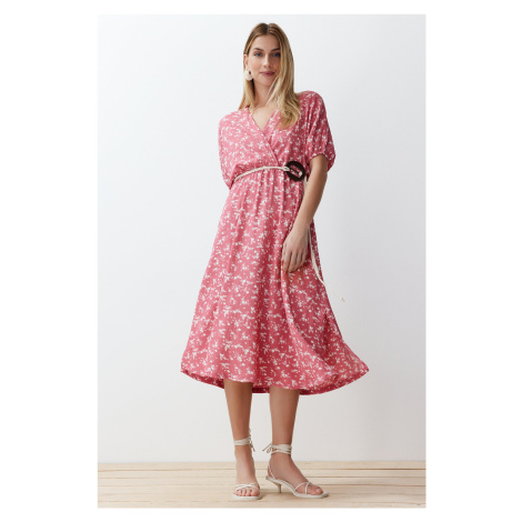 Trendyol Pink Printed Accessory Belt Detailed Gathered Elastic Knitted Maxi Dress