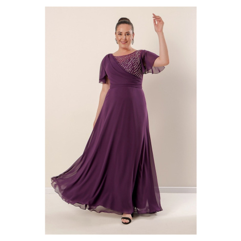 By Saygı Wide Size Range Damson Long Plus Size Chiffon Front Beaded Embroidered Lining