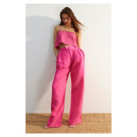 Trendyol Pink 100% len Plisované kalhoty s vysokým pasem a širokými nohavicemi