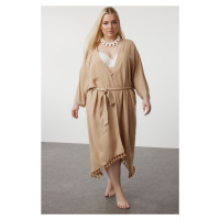 Trendyol Curve Beige Hem Tasseled Bat Sleeve Viscose Beach Wear Kimono & Kaftan