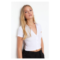 Trendyol White Button Detail Fitted/Situated Crop Polo Neck Ribbed Stretch Knit Blouse