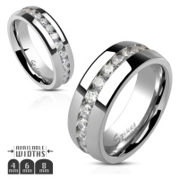 Prsten z oceli, stříbrná barva, souvislá linie čirých zirkonů po obvodu, 6 mm