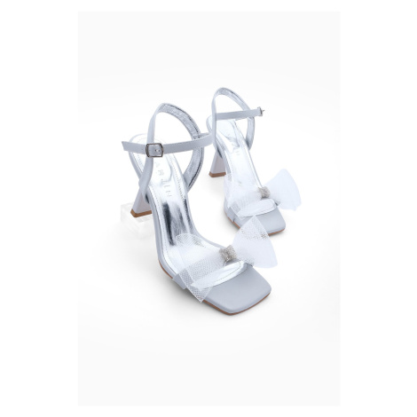 Marjin Women's Flat Toe Bow Evening Dress Heeled Shoes Forge Silver