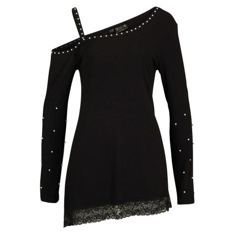 Triko s odhaleným ramenem, krajkou a perličkami Bonprix