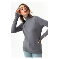 Lafaba Women's Anthracite Turtleneck Gold Button Detailed Knitwear Sweater
