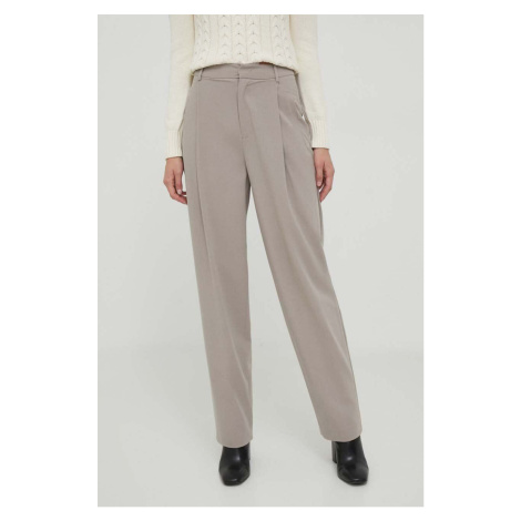 Kalhoty s příměsí vlny Sisley béžová barva, jednoduché, high waist